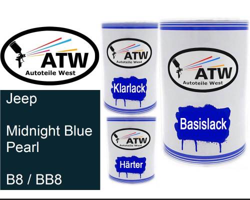 Jeep, Midnight Blue Pearl, B8 / BB8: 500ml Lackdose + 500ml Klarlack + 250ml Härter - Set, von ATW Autoteile West.